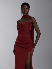 SHEIN Belle 优雅浪漫深红色编织哑光丝带装饰露肩修身美人鱼伴娘礼服 - 酒紅色 - 查看 5