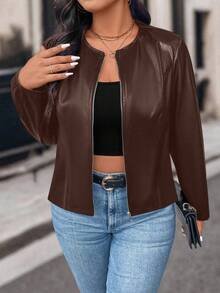 EMERY ROSE Plus Size Women Solid Color Zipper Front PU Leather Long Sleeve Jacket, Autumn Fall Winter Cloth For Women - Coffee Brown - View 6
