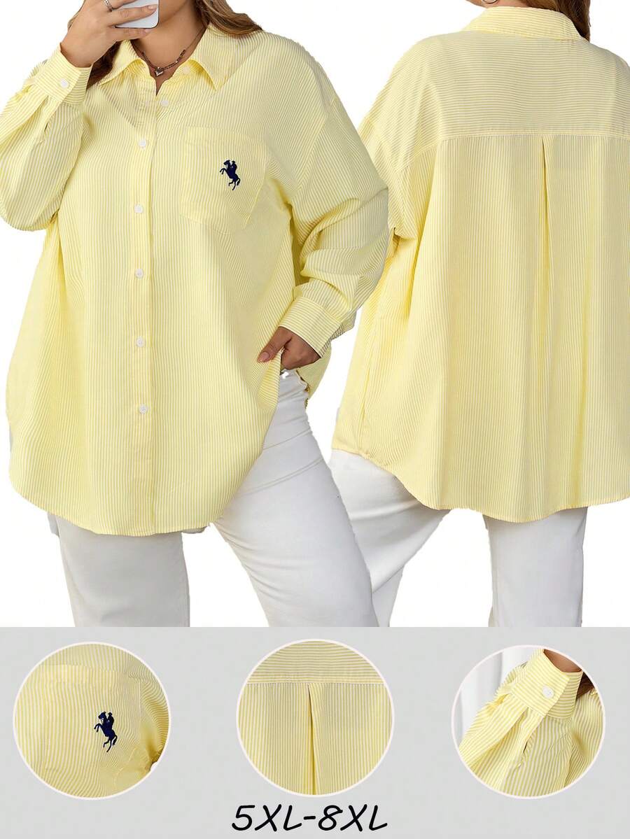 SHEIN CURVE+ 大码女式刺绣奶油色条纹宽松长袖衬衫 - 黃色 - 查看 1