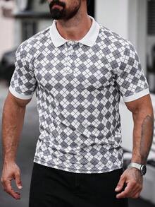 Manfinity Homme Camisa polo de moda casual para hombre, con estampado geométrico, camisa polo versátil - Blanco - Ver 1