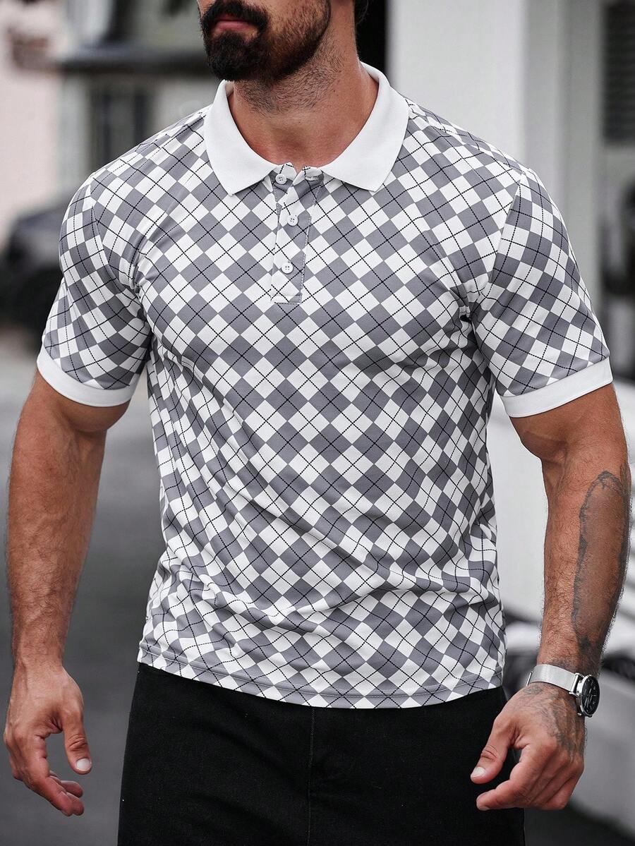 Manfinity Homme Camisa polo de moda casual para hombre, con estampado geométrico, camisa polo versátil - Blanco - Ver 1