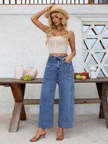 EMERY ROSE Women's Casual Low Waist Pink Cropped Jeans Baggy Jeans Y2k Cowgirl Jeans Barrel Jeans Wide Leg Jeans Woman Loose Jeans - Medium Wash - View 3