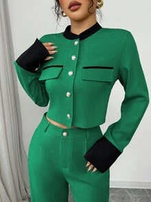 Selianne Bộ 2 món áo dài tay và quần dài cho nữ, phong cách hiện đại đơn giản - màu xanh lá - Xem 6