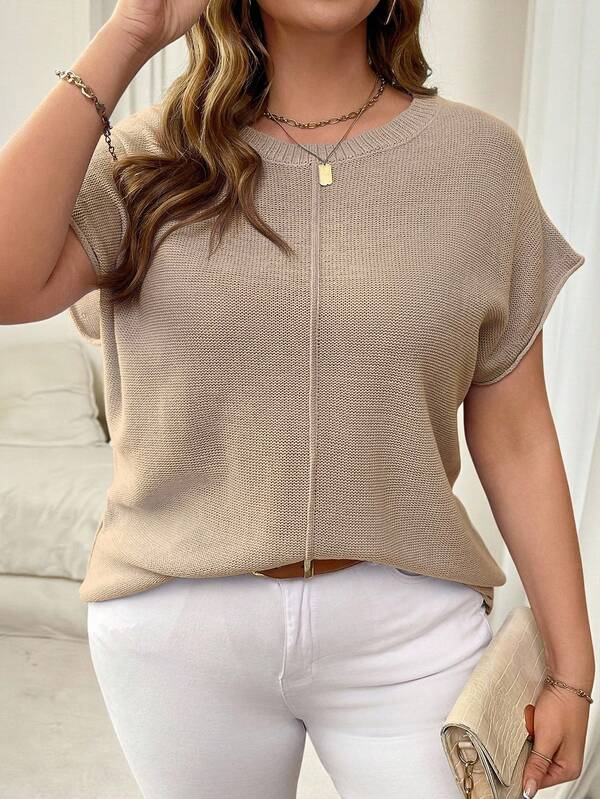 Vionelle Plus Size Solid Color Knitted Casual Sweater