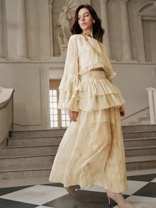 Anewsta Savoree 2件套荷叶边下摆优雅A字裙套装，春秋 - 杏色 - 查看 7