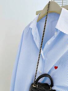 INAWLY 女式休闲条纹心形印花长袖衬衫，春夏 - 淺藍色 - 查看 5