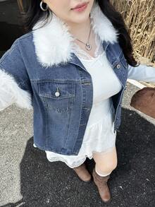 Rivivi Winter Plus Size Women's Denim Sleeveless Jacket, Autumn/Winter, Faux Fur Collar Fluffy Decor, Light Blue Washed Denim Jacket, Cowboy Jacket - Medium Wash - View 6