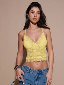 SHEIN BAE Women's Solid Color Lace Patchwork Elegant Fashion Camisole - Yellow - View 4