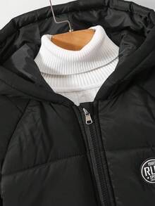 Casaco acolchoado casual de comprimento médio para meninos, com capuz e remendos, grosso para outono/inverno - Preto - Ver 3