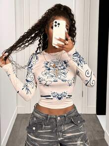 BamGleam Women's Floral Print Round Neck Long Sleeve Cropped Casual T-Shirt