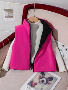 Girls' Casual Reversible Sleeveless Padded Vest With Stand Collar, Suitable For School And Commute, Autumn/Winter - Multicolor - View 4