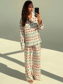 Aloruh 2-Piece Women's Comfortable Christmas Party Pajama Set, Romantic Christmas Tree Print Holiday Home Clothes, Christmas Party Home Clothes, Holiday Home Wear, Long-Sleeved Shirt And Wide-Leg Pants Two-Piece Set