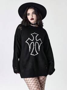 ROMWE Goth Suéter oversize con jacquard de cruz gótica desgastado - Negro - Ver 1