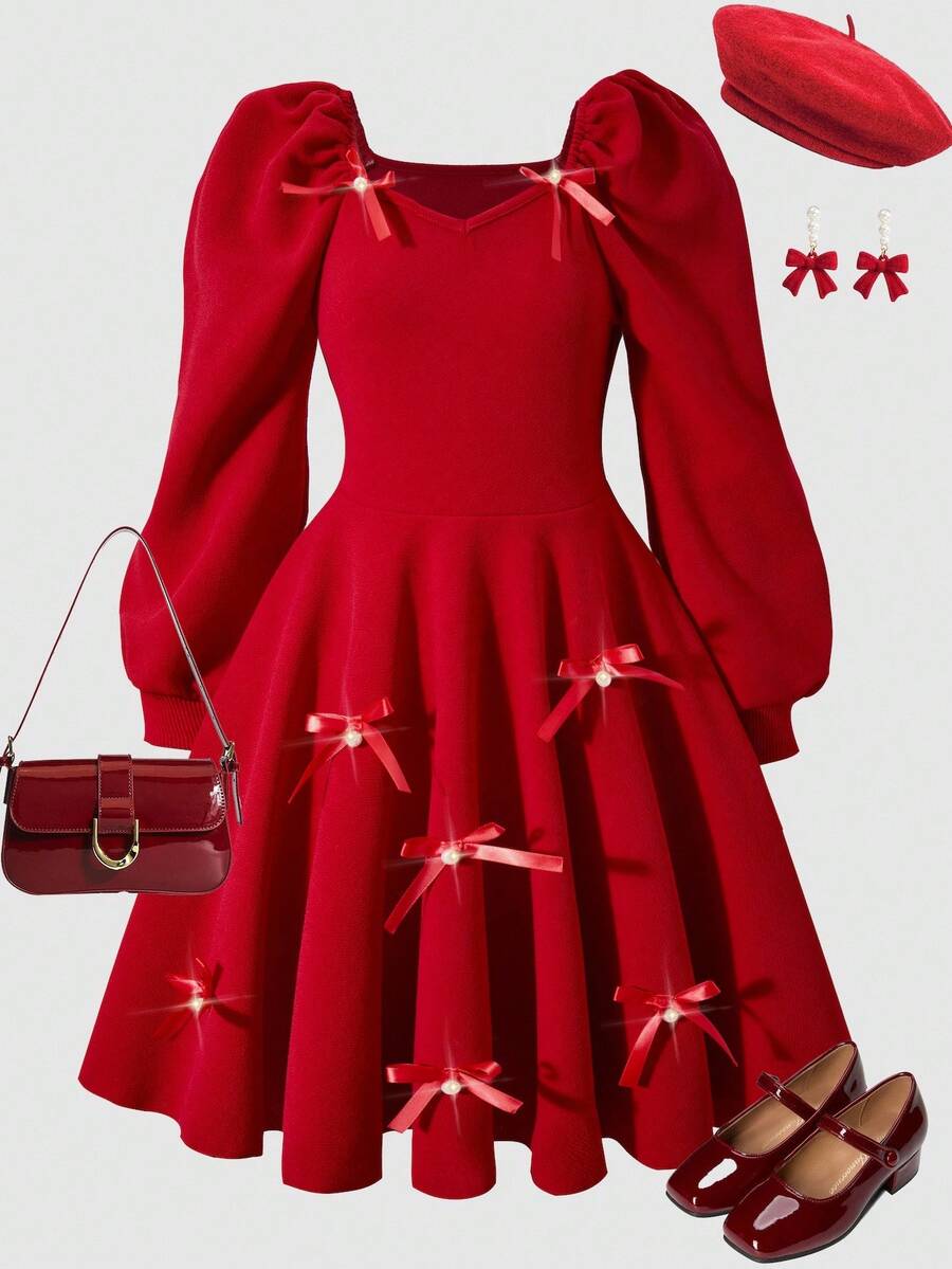 SHEIN Mädchen Lässiges elegantes Kleid mit V-Ausschnitt und Langarm, gerippte Manschetten, Schleife & Perlen Dekor an Oberteil & Saum, geeignet für Party, Reise, Lässig Tragen, kann mit Jacke oder Mantel kombiniert werden - Rot - Übersicht 1