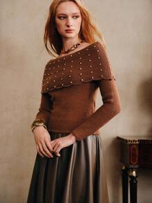Chiquease Women's Elegant Off-Shoulder Pullover,Rhinestone Long-Sleeved Sweater In Shades Of Brown For Autumn Tea Party,Fall Halloween Party Sweater - Coffee Brown - View 4