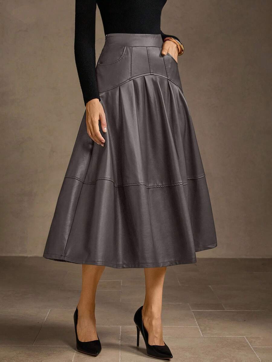 MOTF PREMIUM WOMEN'S PU LEATHER FOLD PLEATED A-LINE SKIRT - Grey - View 1