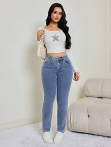SHEIN Tall 秋冬女款淺色休閒保暖內裡牛仔褲，冬季服飾，外出穿著卡其色保暖內裡修身中腰藍色牛仔褲，適合高個女性 - 中等水洗藍 - 查看 2