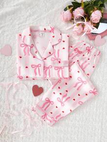 2件套女童可爱蝴蝶结印花翻领开衫和休闲裤舒适睡衣套装 - 彩色 - 查看 5