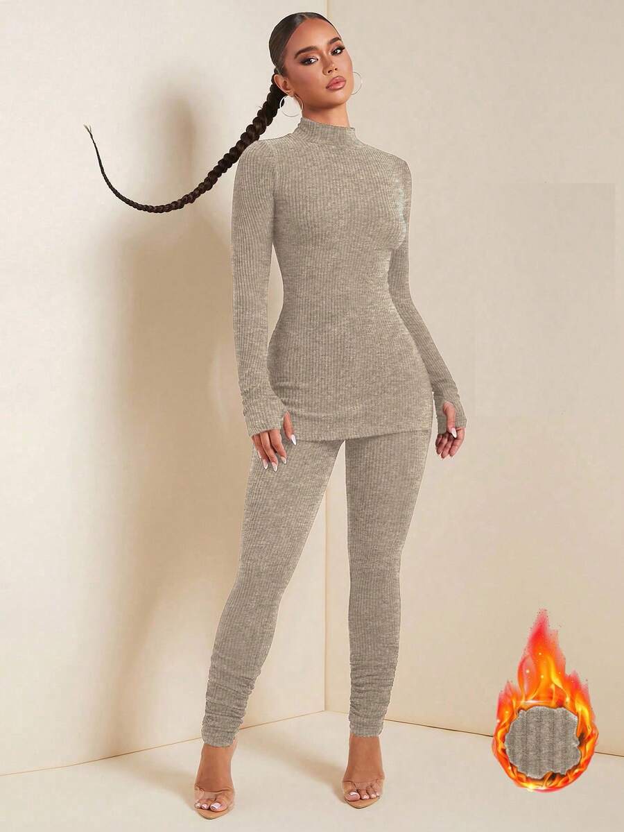 SHEIN SXY 秋季女装两件套，纯色立领长袖上衣和裤子保暖套装，棕色两件套，舒适罗纹两件套，两件套家居服，女士舒适两件套，秋冬季女士灰色两件套，秋季，女士秋季服装 - 杏色 - 查看 1