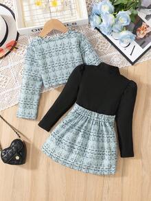 SHEIN Elladie kids Young Girl Plaid Print Button Front Long Sleeve Jacket And Mini Skirt Elegant 2 Pieces Set - Teal Blue - View 2
