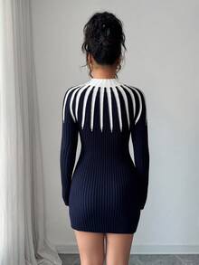 Elenzga Damen Herbst/Winter Lässig Vintage Streetwear Kleid, elegantes figurbetontes Strickkleid mit Farbblöcken, Langarm, geeignet für Ausflüge, Arbeit, Schule, Feiertage