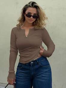 Jeta Ari Button Front Ribbed Knit Tee,Fall Clothes Long Sleeve Women Tops - Coffee Brown - View 4