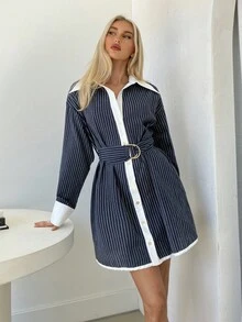 Siren Gaze Váy sơ mi xếp ly kẻ sọc màu tương phản bằng vải cotton dành cho nữ, thích hợp mặc đi làm, thường ngày, mặc hàng ngày, trở lại trường, trang phục giáo viên - Màu xanh hải quân - Xem 3