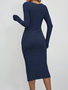 SHEIN LUNE Abito a metà lunghezza aderente da donna, con collo a giro, vita arricciata, spacco alto sulla coscia, texture morbida e costolata, adatto per uso casual, pendolare, elegante e all'aperto, comodo in autunno/inverno - Blu Navy - Visualizzare 2