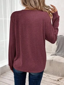 Easowa 女式休闲宽松纯色长袖T恤 - 酒紅色 - 查看 2