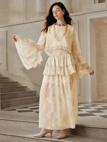 Anewsta Savoree 2件套荷叶边下摆优雅A字裙套装，春秋 - 杏色 - 查看 3