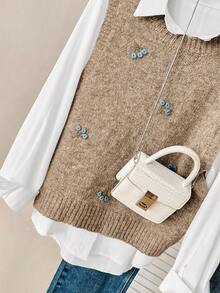 Modelyn 女士纯色刺绣圆领毛衣背心秋冬女装 - 棕色 - 查看 7