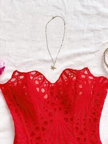 Soleia European & American Style Sexy Avant-Garde Lace Double-Layer Corset Bustier, Fishbone Contoured, Hollow Embroidered Shapewear, Red - Red - View 5