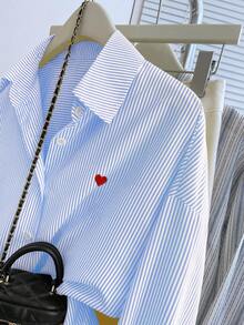 INAWLY 女式休闲条纹心形印花长袖衬衫，春夏 - 淺藍色 - 查看 6