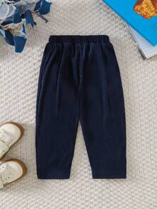 Souflis Souflis 1pc Baby Boys Casual Vintage Comfortable Corduroy Pleated Pants, Suitable For Everyday Wear - Navy Blue - View 2