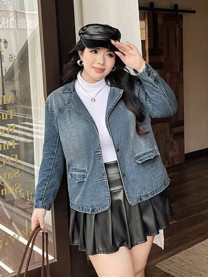 Rivivi 大码女式无弹力牛仔外套，韩版复古宽松做旧水洗牛仔翻领长袖外套，女式牛仔外套，秋冬款