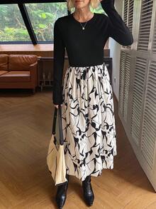 Vivie Lora Gaun Sweater Rajut Blok Warna Mode Musim Gugur/Dingin Wanita - Hitam - View 2