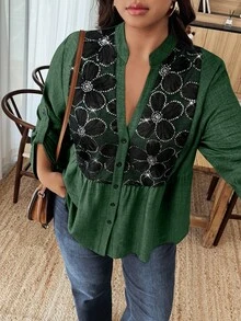 Weeklong 大码女式缺口 V 领荷叶边袖花卉亮片装饰衬衫 - 綠色 - 查看 3
