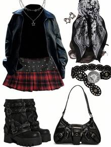 Christmas Red And Black Retro Plaid Star Rivet Leather Splicing Half-Length Women's College Style Miniskirt - Multicolor - View 1