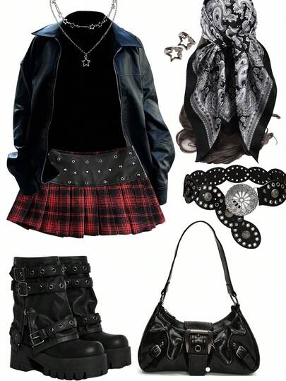 INAWLY Christmas Red And Black Retro Plaid Star Rivet Leather Splicing Half-Length Women's College Style Miniskirt