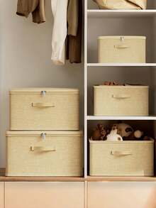 1 szt. składany pojemnik do przechowywania z zamkiem błyskawicznym i uchwytem, morelowo-żółty pojemnik do przechowywania, poliester, len, kwadratowy, rodzaj pokrywy, solidny i namacalny, wielofunkcyjny do przechowywania odzieży, zabawek i innych przedmiotów, tapicerki, wystroju sypialni, wykończenia, przechowywania, dżinsów - morelowy żółty - Zobacz 2