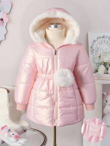SHEIN 青少年女孩甜美连帽棉服夹克，束腰，简约时尚中长款棉质外套，冬季 - 粉色 - 查看 4