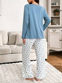 Moonlight&Mama 2pcs Maternity Sleepwear Set - Lace Patchwork Long Sleeve Top & Ditsy Floral Long Pants, Winter - Blue - View 2