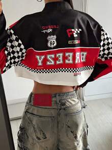 StreetHx Chaqueta de motociclista de cuero de poliuretano para mujer, estilo de motociclista, chaqueta corta, gráfico de motocicleta, color rojo y negro, ropa exterior de estilo callejero de manga larga, chaqueta de otoño Y2k Club Baddie - Multicolor - Ver 4