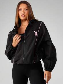 Missguided x Playboy Oversized Zip Up Hoodie Windbreaker Jacket With Hood And Pockets For Layering