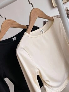 T-shirt décontracté à col rond, manches évasées à volants, couleur unie, pour préadolescentes