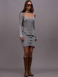MUSERA Knit Scoop Neck Fitted Foldover Front Button Down Mini Dress With Detachable Knit Sleeves Fall Autumn Winter Night Out Going Out Streetwear Cute Back To School Sexy Uncut Evening Party Elegant  New Year - Grey - View 1