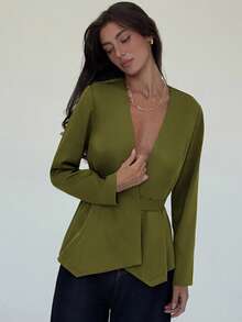 Aloruh Blazer de mujer de unicolor con cuello en V profundo para otoño/invierno - Verde militar - Ver 4