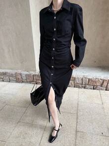 K-Vae Women's Winter Black Denim Long Dress, Elegant Button-Down Long-Sleeved Dress, Waist-Hugging Daily Commuting Dress,New Year's Wear - Black - View 1