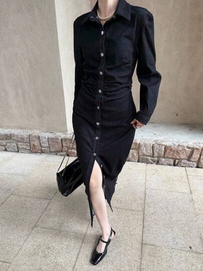 K-Vae Women's Winter Black Denim Long Dress, Elegant Button-Down Long-Sleeved Dress, Waist-Hugging Daily Commuting Dress,New Year's Wear