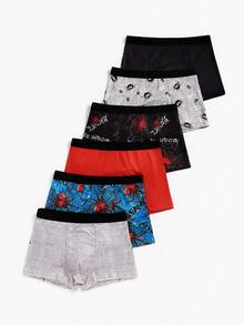 6pcs Boys' Comfortable Spider Print Boxer Briefs, Cartoon Print Underwear
